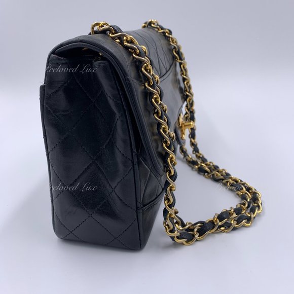 Authentic CHANEL Lambskin Double Chain Small Vintage Flap Black / Gold Hardware - Picture 5 of 17